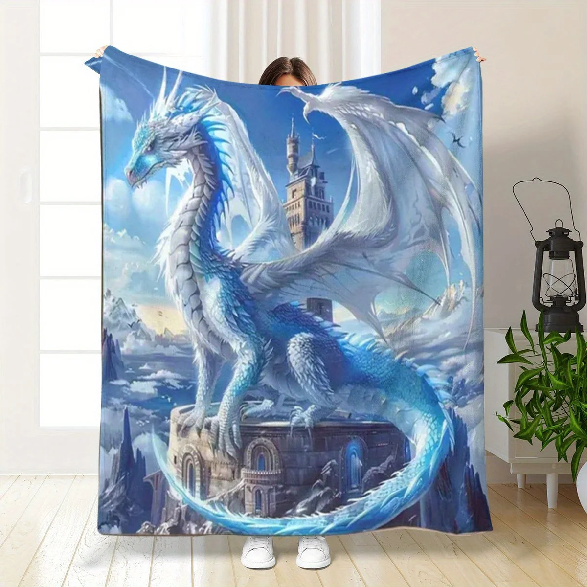 Fantasy Dragon Blanket Blue White Wyvern Print Soft Flannel Fleece Throw Quilt Bedding Sofa Cover Warm Plush Blankets Home Decor