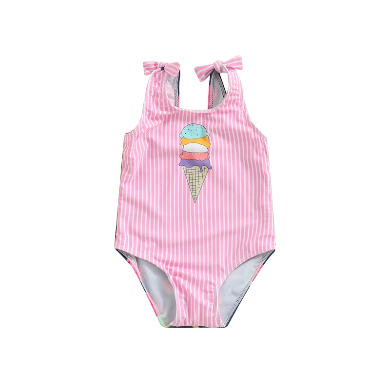 Little Kids Girls Sleeveless Swimming Bodysuit Swimsuit Cute Stripe Pattern Ice Cream Printed Patchwork Beach Bathing Suits 2022