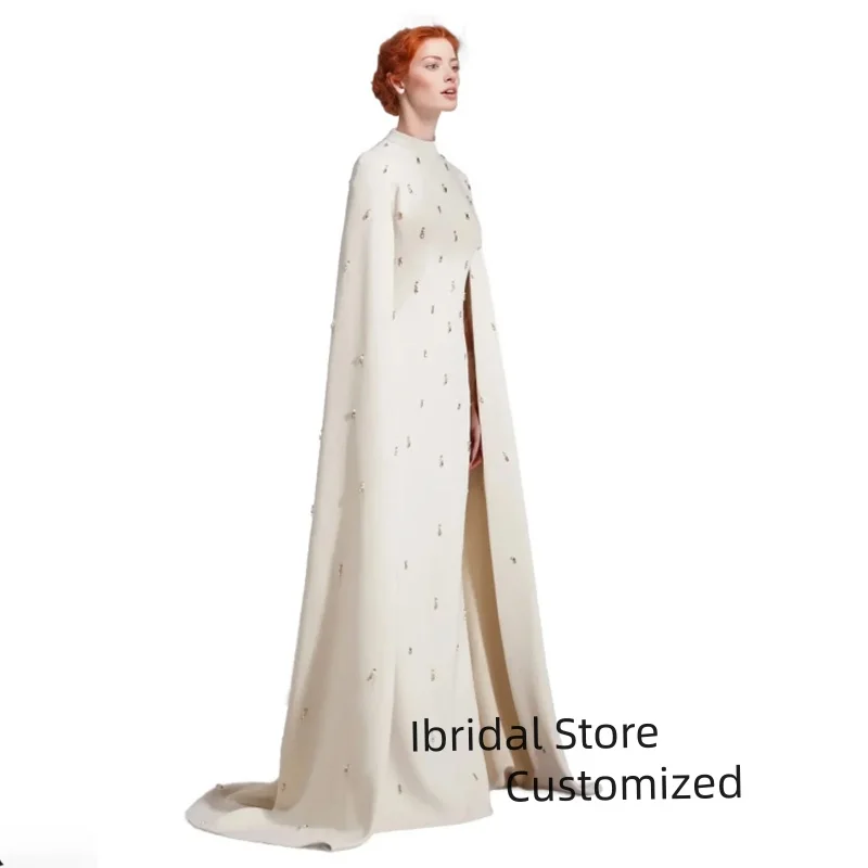 فستان حفلة موسيقية عربي مخصص برقبة عالية مطرز على شكل حرف A فستان حفلة نسائي مع كيب سويب تراين فساتين سهرة سعودية