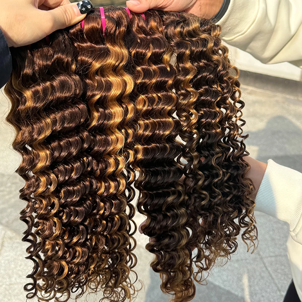 Onda profunda pacotes de cabelo humano 1-4 pacotes disponíveis 100% extensões de trama de cabelo humano real trama dupla oceano p4/27 cor para mulher.