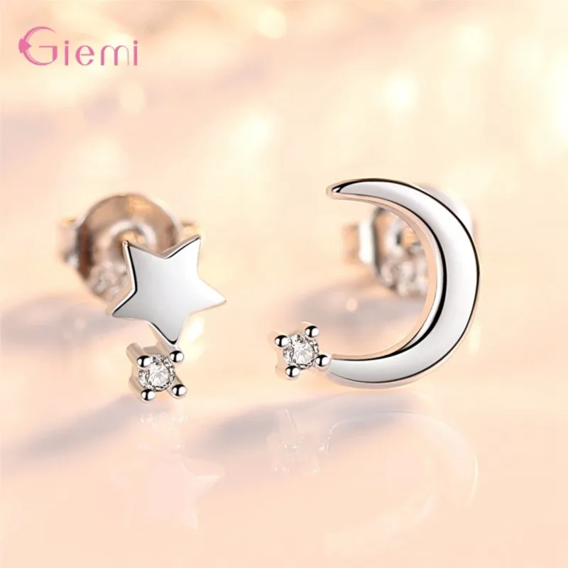 Fashion Stylish Authetic 925 Sterling Silver Charms Sparlking Crystal Moon Star Asymmetric Stud Earrings For Women Girls