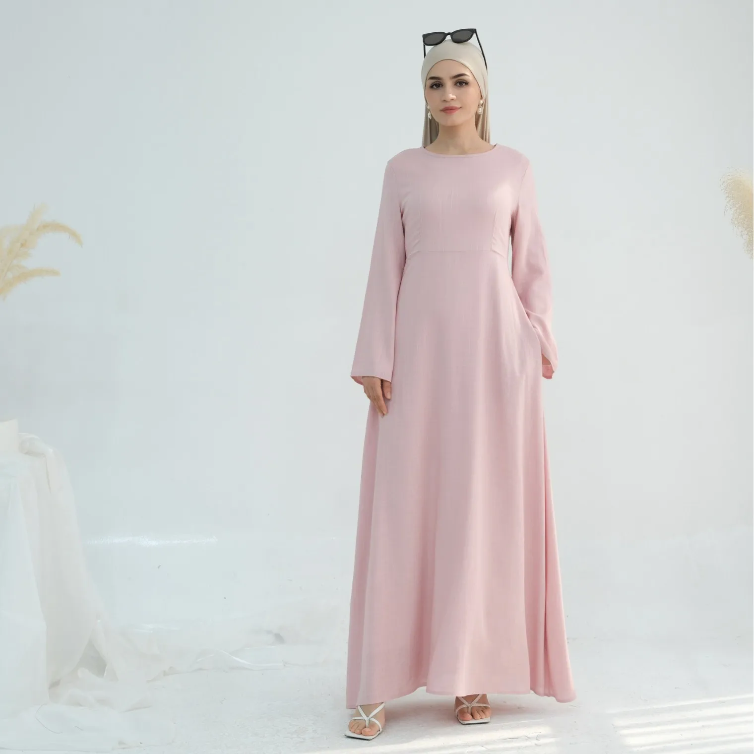 Muslim Women Long Loose Maxi Dress Dubai Turkey Solid Color Cotton Linen  Waist Robe Abaya - AliExpress 200000345