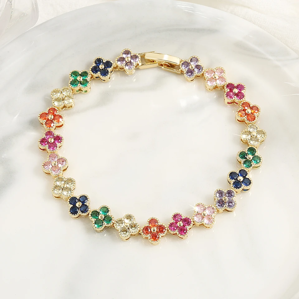 Yupsk Luxury Brass Colorful Random Zircon Flowers Bracelets for Women Exquisite Dopamine Buling CZ Jewelry Gifts