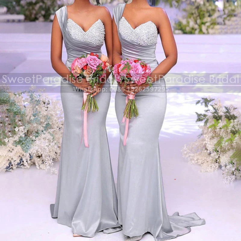 Customized Trumpet Bridesmaid Dresses Heavily Beaded One Shoulder Sleeveless Long Silver Wedding Party Dress For Women