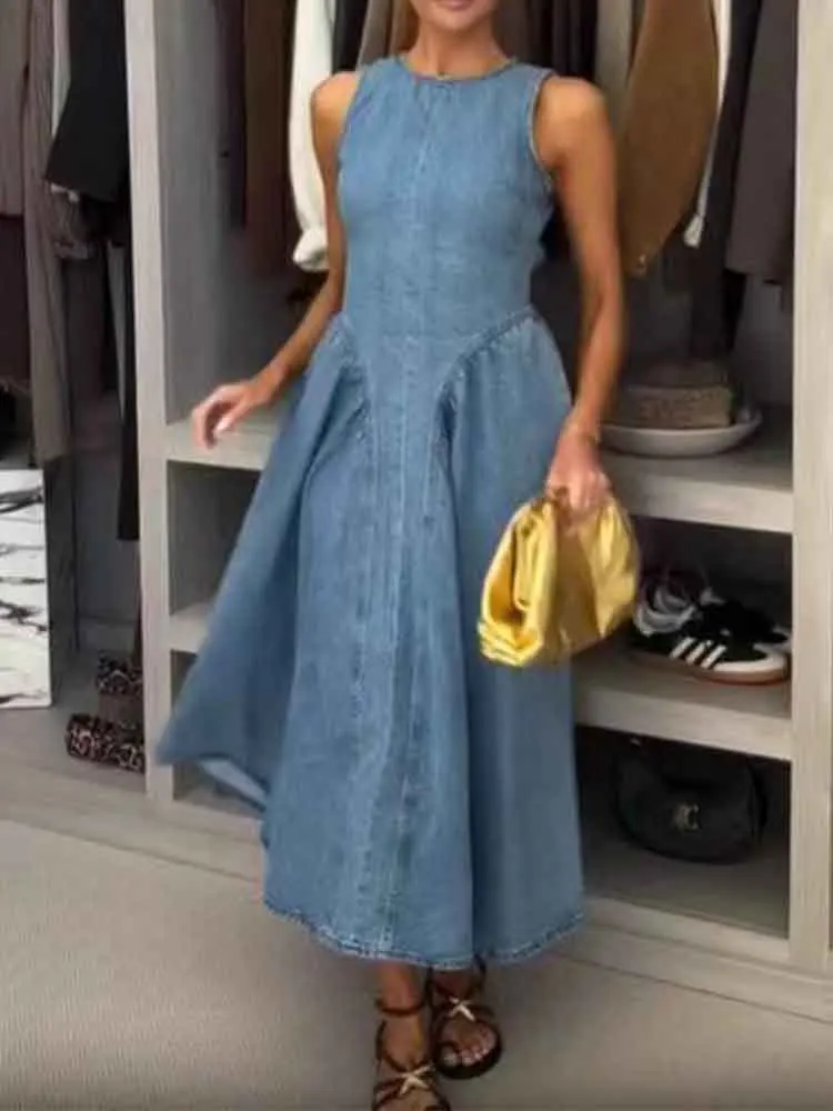 

European style new women's fashion temperament versatile design sexy backless high waist denim dress