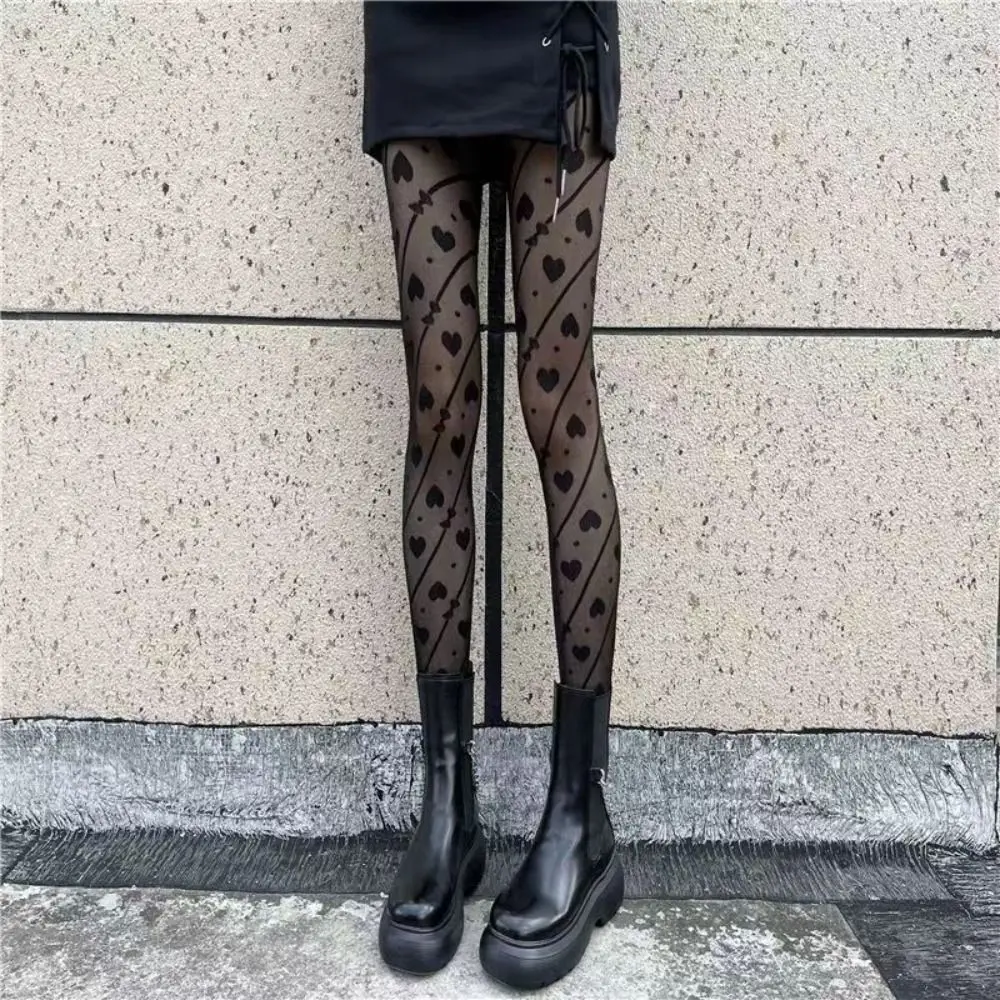 

Comfortable Bowknot Heart Long Tights Ultra-thin Lolita JK Mesh Pantyhose Transparent Harajuku Stripe Dot Stockings Streetwear