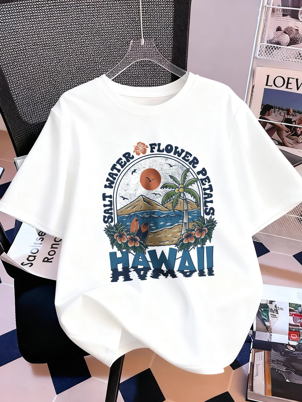 المياه المالحة زهرة هاواي تي شيرت مطبوع المرأة القطن الصيف بلايز لينة فضفاضة س الرقبة قصيرة الأكمام تيز ملابس نسائية عادية #1