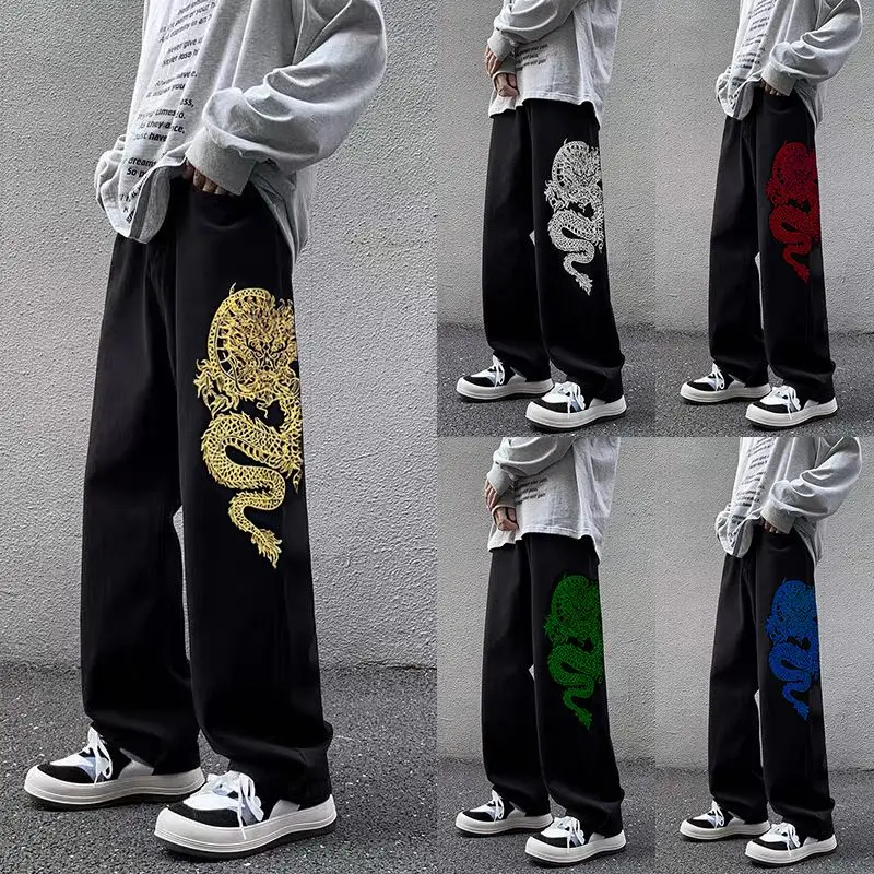 New embroidered jeans ins high street trend versatile loose flesh-covering straight wide-leg casual trousers for men and women