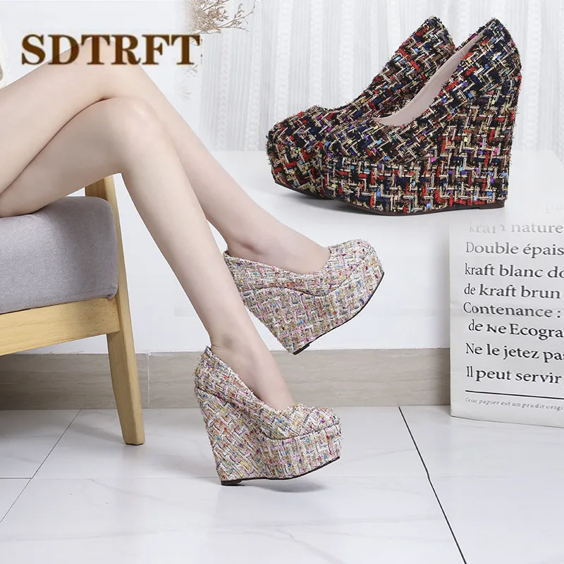 

SDTRFT 2026 Zapatos Mujer Женская обувь на высоком каблуке и платформе с круглым носком 15 см, свадебные туфли-лодочки на танкетке: 30 31 32 33 34-42 43