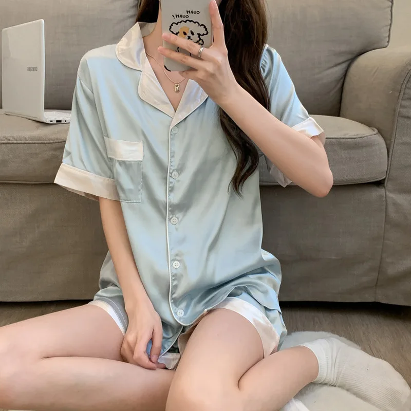 

Summer Women's Pajamas Set Short Sleeve Sleepwear Two-piece Thin Mujer Pjs Sweet Small Fresh Homewear Night Clothes Pyjamas