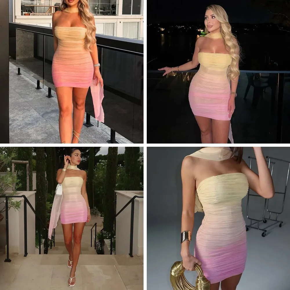 

Sexy Gradient Mesh Bodycon Dress Backless Strapless with Scarf Sleeves, Slim Fitting Club Party Dress for Women