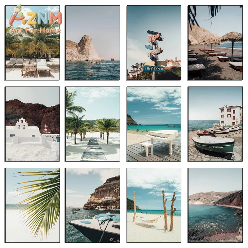 AZNM Mediterranean Seaside Canvas Wall Art Tropical Beach Palm Tree Yacht Coastal Town Scenery Print for Living Room Bedroom Hom