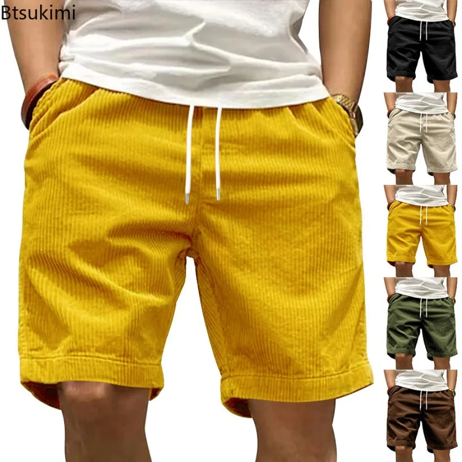 2025 Men's Corduroy Casual Shorts Solid Loose Straight Drawstring Sport Short Pants Men Fashion Cargo Pants Leisure Beach Shorts