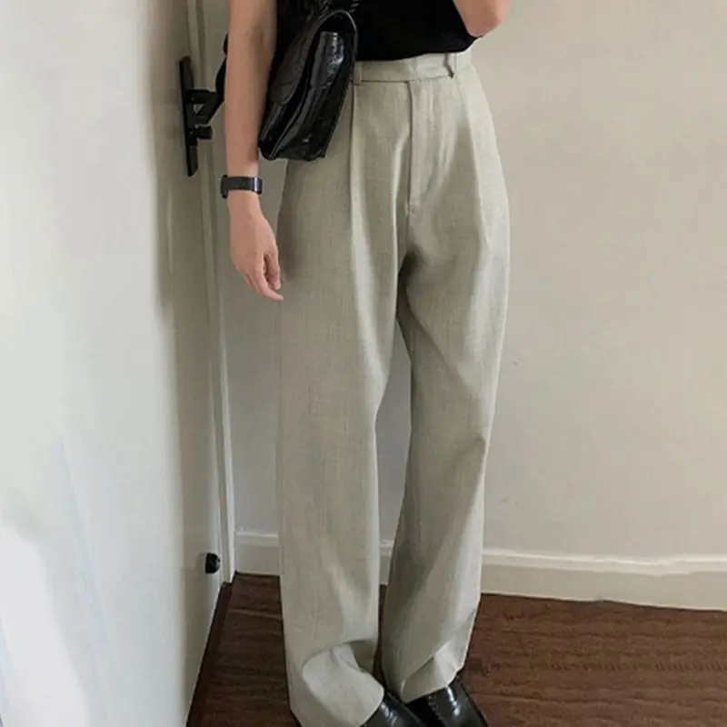 High Waist Narrow Wide-Leg Pants Draping Effect Tight Waist Straight-Leg Pants Classic Women's Trousers Commuter Gray Suit Pants