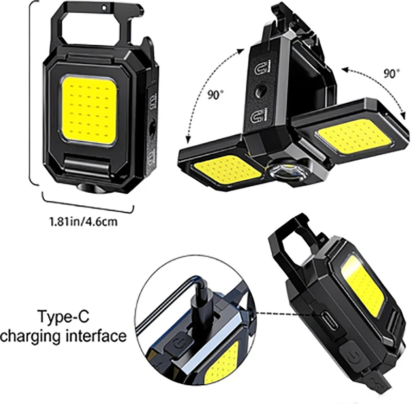 Rechargeable Mini Flashlight Keychain Work Light with 5 Modes 90° Foldable IPX4 Water-resistant with Bottle Opener Magnet Cob