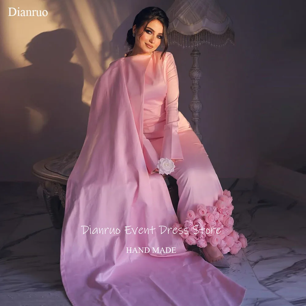 Dianruo Gaun Malam Putri Duyung Satin Merah Muda Terbungkus Bunga 3D Jubah De Soirée Asimetris Indah Vestido De Fiesta Disesuaikan