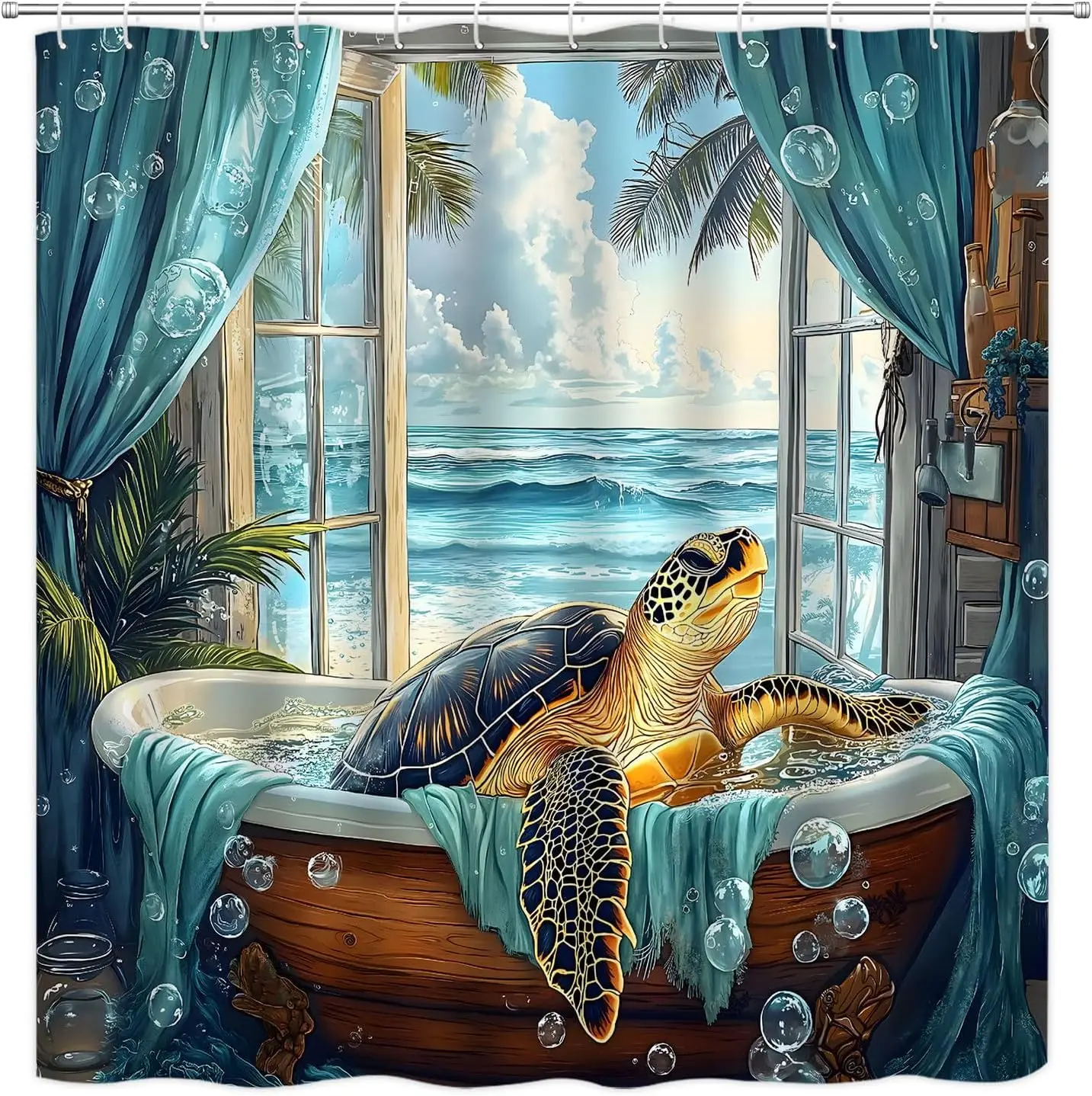 

Уникальная занавеска для душа в виде морской черепахи в ванне, декор для тропического океана, водонепроницаемая ткань, любовь для детей и взрослых, 72x72 дюйма