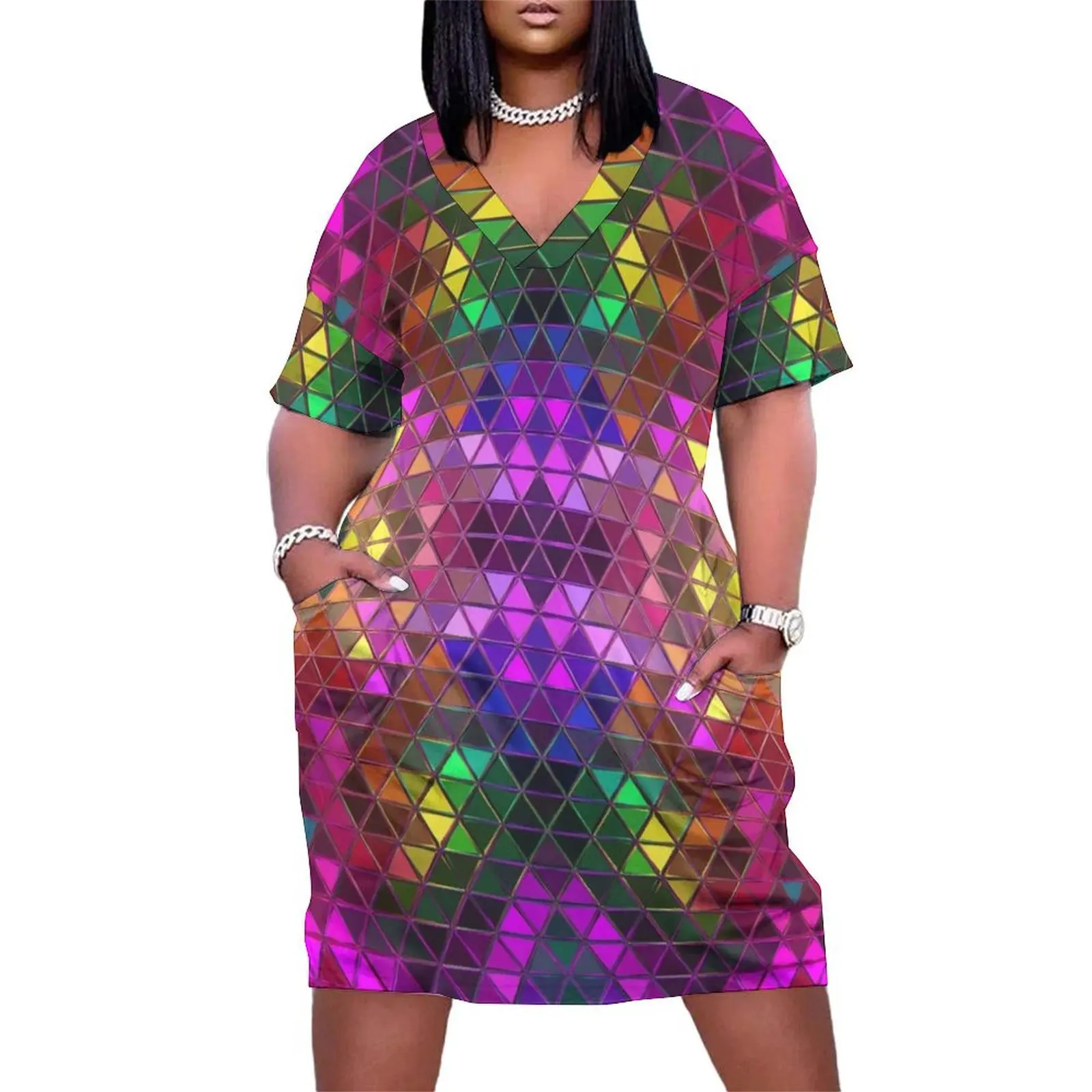 Glowing Triangles Mosaic Pattern Loose Pocket Dress evening dress Party dresses women