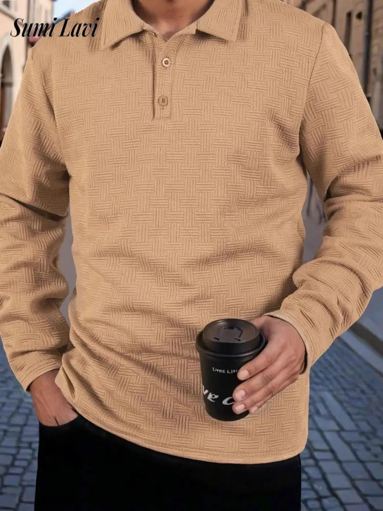 Spring Fall Fashion Men's Pullover Tops Casual Solid Color Long Sleeve Polos Men Vintage Button-up Turn-down Collar Polo Shirts