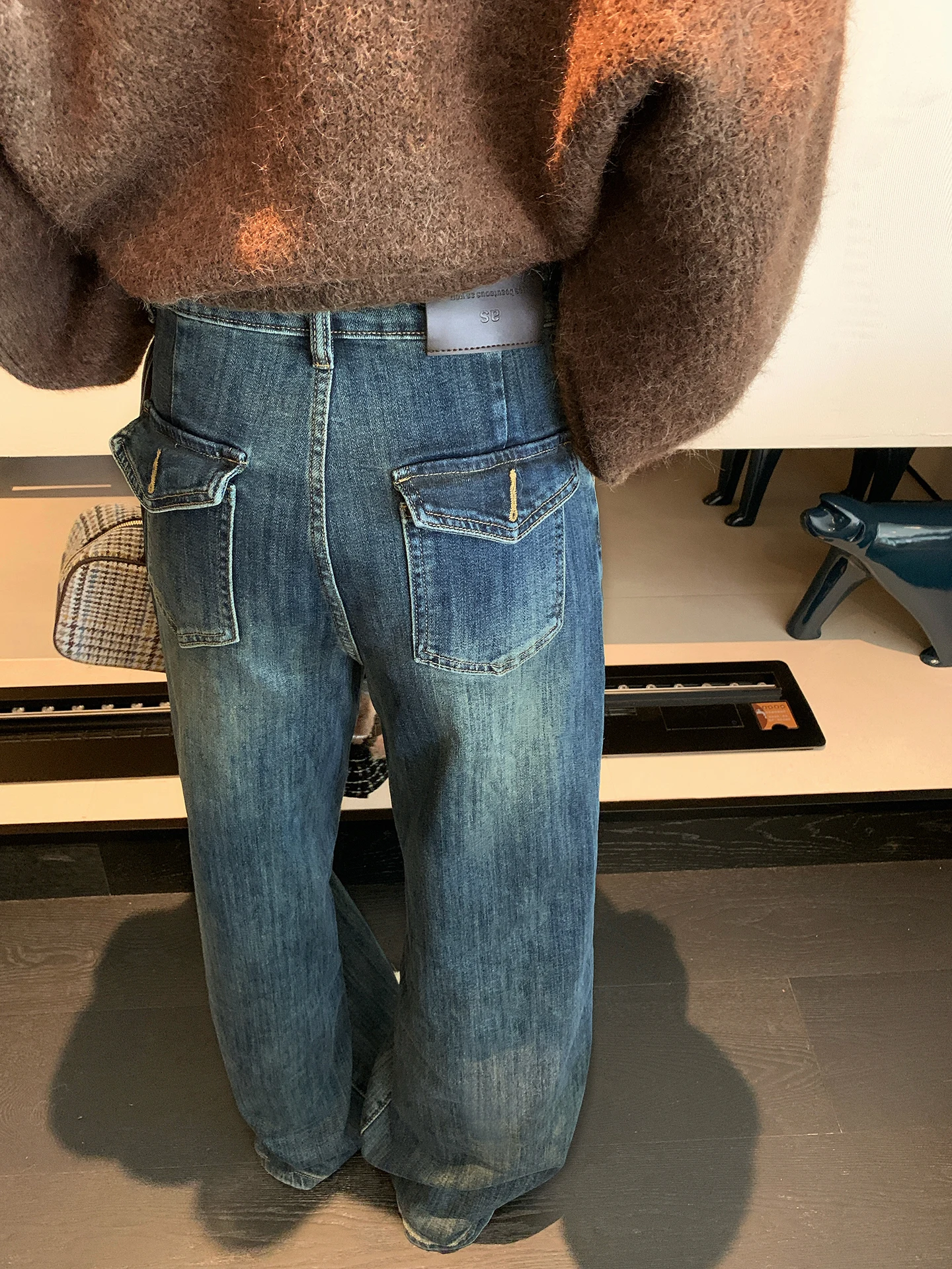 

Свободные синие джинсы с высокой талией и широкими штанинами, женские зимние модные американские джинсовые брюки в стиле ретро, прямые брюки длиной до пола