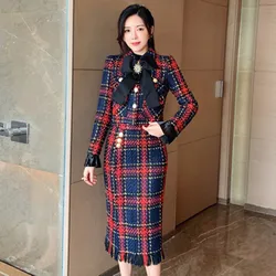 New Winter Women Sweet Elegant Red Plaid Tweed 2 Piece Set Ladies Long Sleeve Bow Jacket Coat＋Sexy Split Tassel Skirts Suit