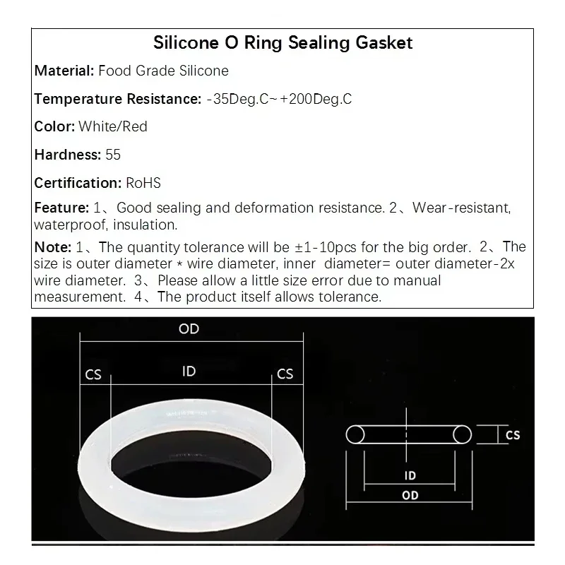 50pcs VMQ O-Ring Gasket CS 1/2/3/4mm OD 5mm ~ 100mm Red Food Grade Silicone Waterproof Insulated Wear-resistant Sealing Washer