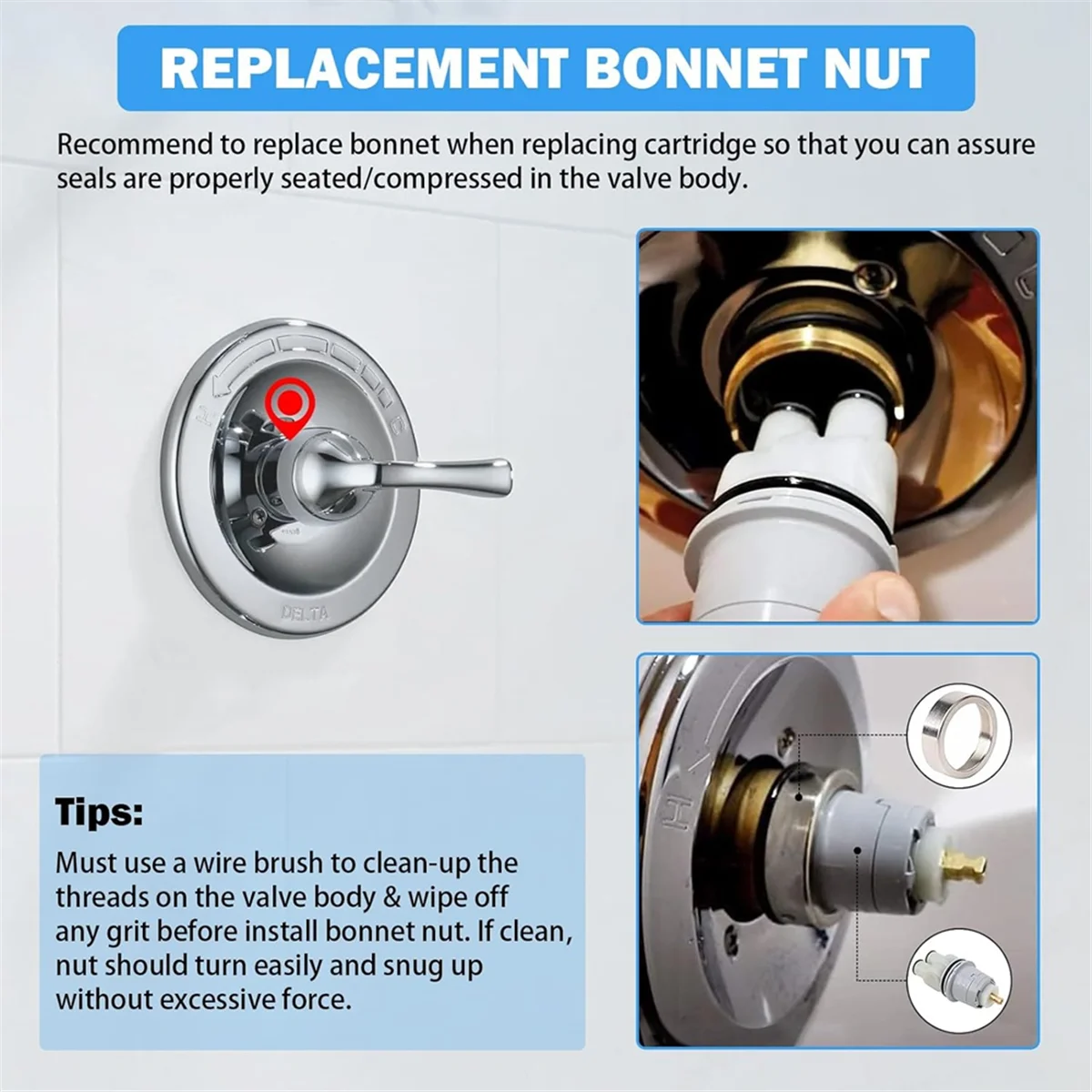 استبدال خرطوشة دش RP46074 ، صنبور حوض استحمام بمقبض فردي ، RP22734 ، صامولة بونيه ، مناسب لسلسلة دلتا 13 و 14