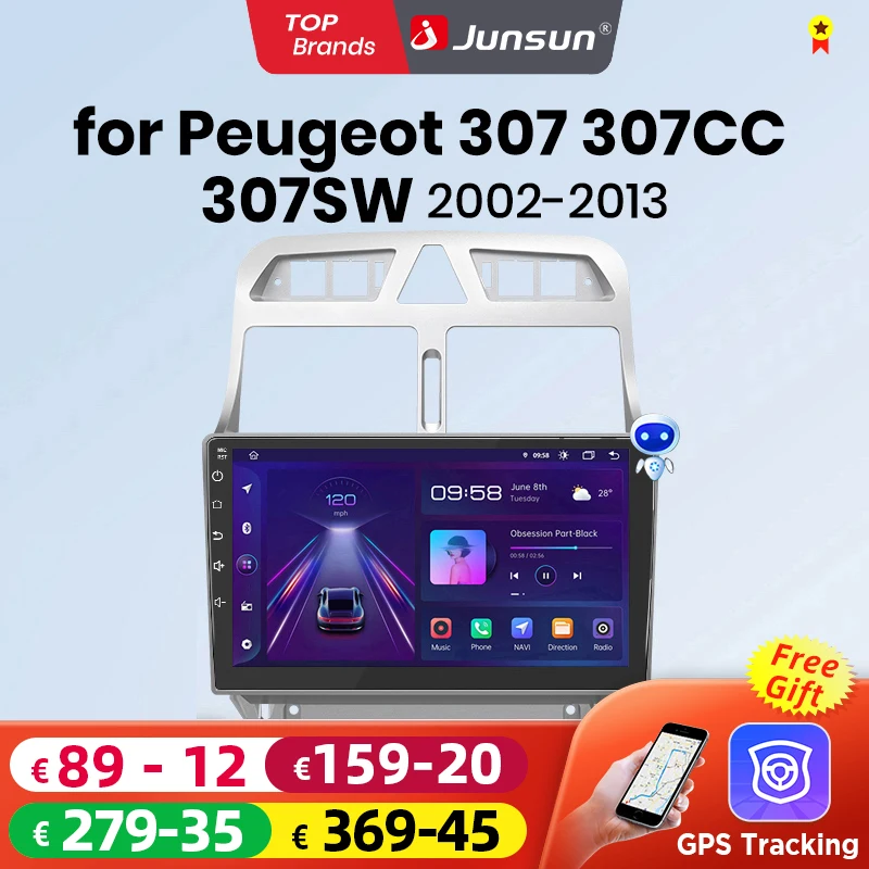 Junsun AI Wireless CarPlay for Apple Android Auto Car Radio For Peugeot 307 307CC 307SW 2002-2013 GPS Multimedia RDS WiFi Stereo