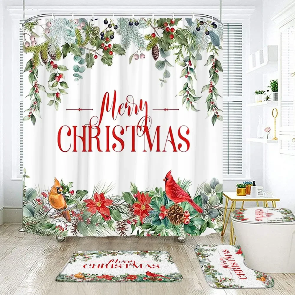 Merry Christmas Winter Red Truck Bathroom Shower Curtain Rug Set Snowman Polyester Reindeer Bath Curtain Washable Bathroom Decor