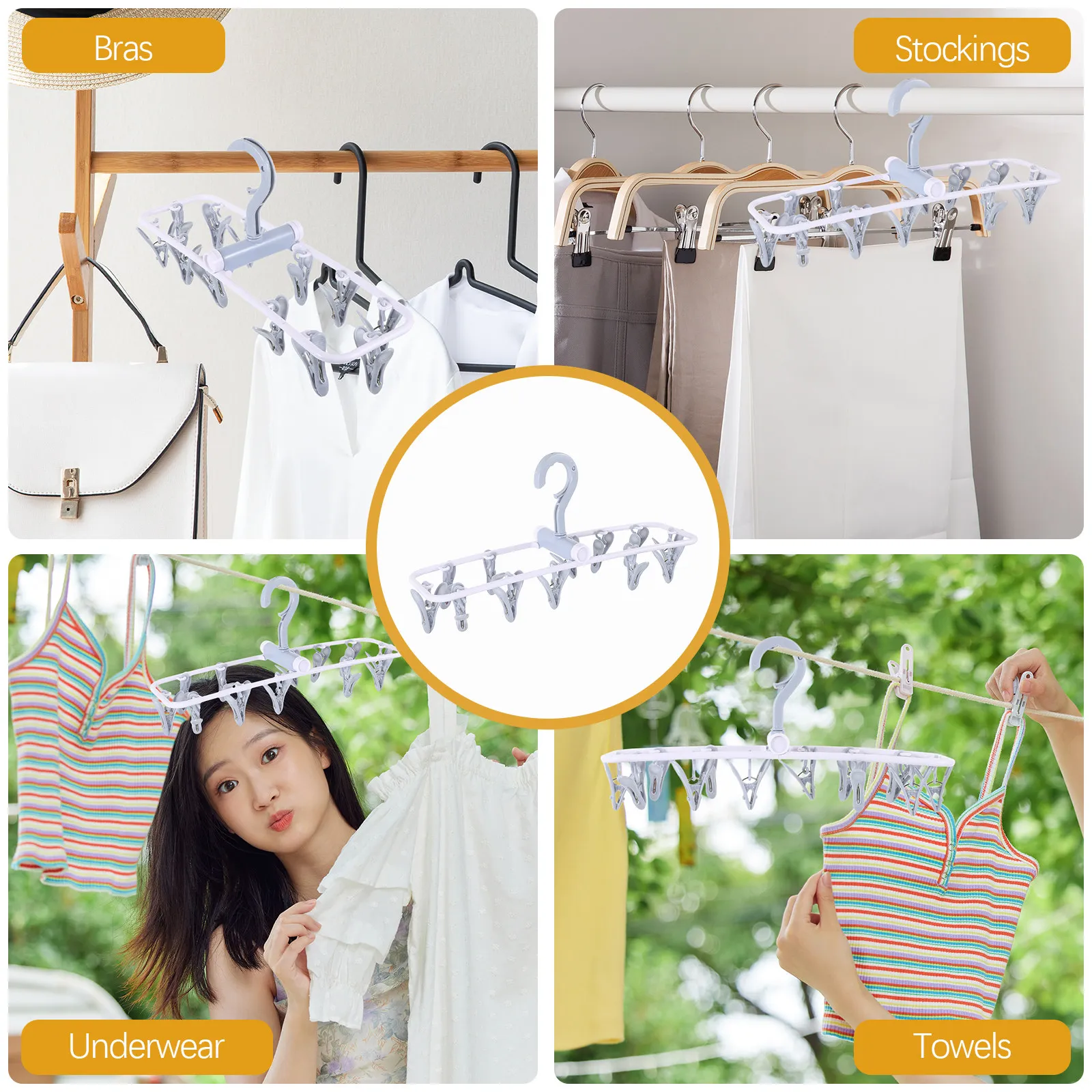 12 Clip Foldable Clip and Drip Drying Hanger Rust Resistant Laundry Rack for Delicate Washables Shower Curtain Rod Clothesline