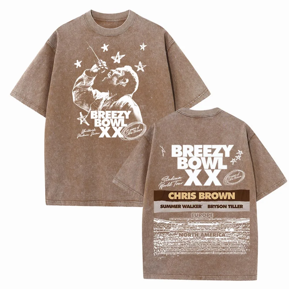 كريس براون بريزي باول XX جولة 2025 غسلها تي شيرت خمر س الرقبة قصيرة الأكمام تي شيرتات قطن