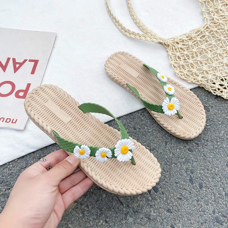 2024 New Summer Women Slippers Outdoor Beach Flip-flops Cute Flower Bow Decoration Casual Flat Slippers Shoes for Women Slides