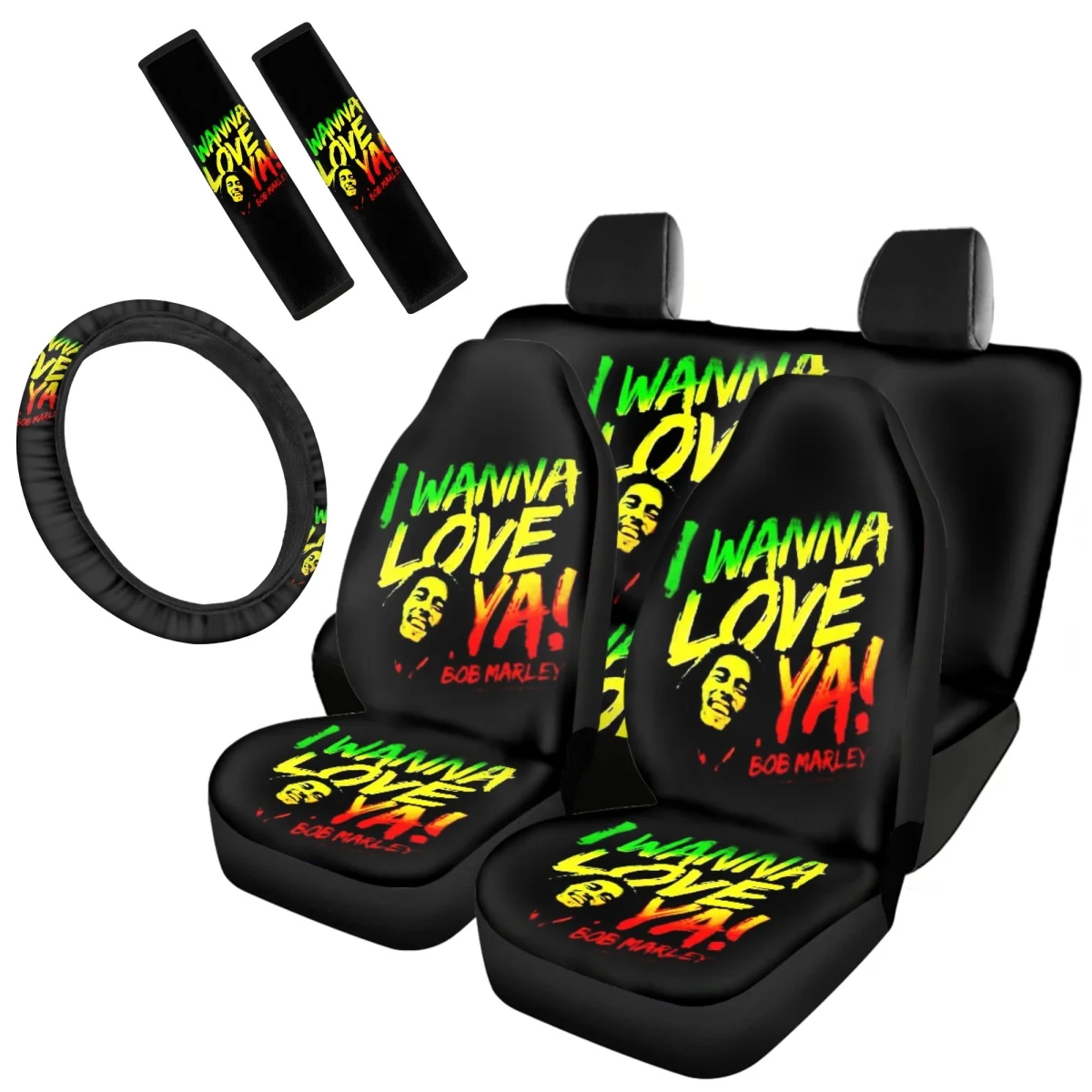 7Pcs Car Accessories Rock Band Singer Bob Marley Front Back Seat Cover Set Easy Installation Seatbelt Steering Wheel Covers New