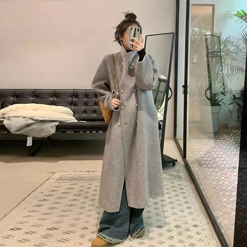 Grey Double-Sided Woolen Coat for Women Mid to Long Style 2024 Autumn Winter New Style Loose and High-end Over Knee Woolen Coat