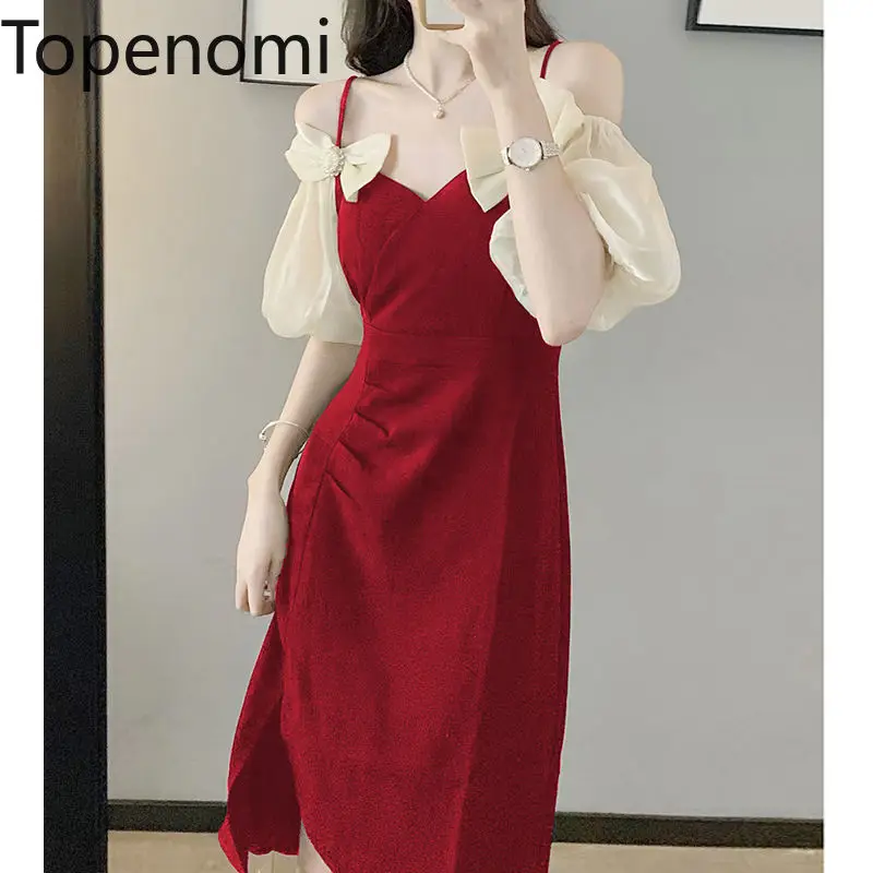 

Topenomi Wine Red Birdal Toast Party Dress 2024 New Off Shoulder Bow Puff Sleeve Waist Slim Mid Length Engagement Evening Gown