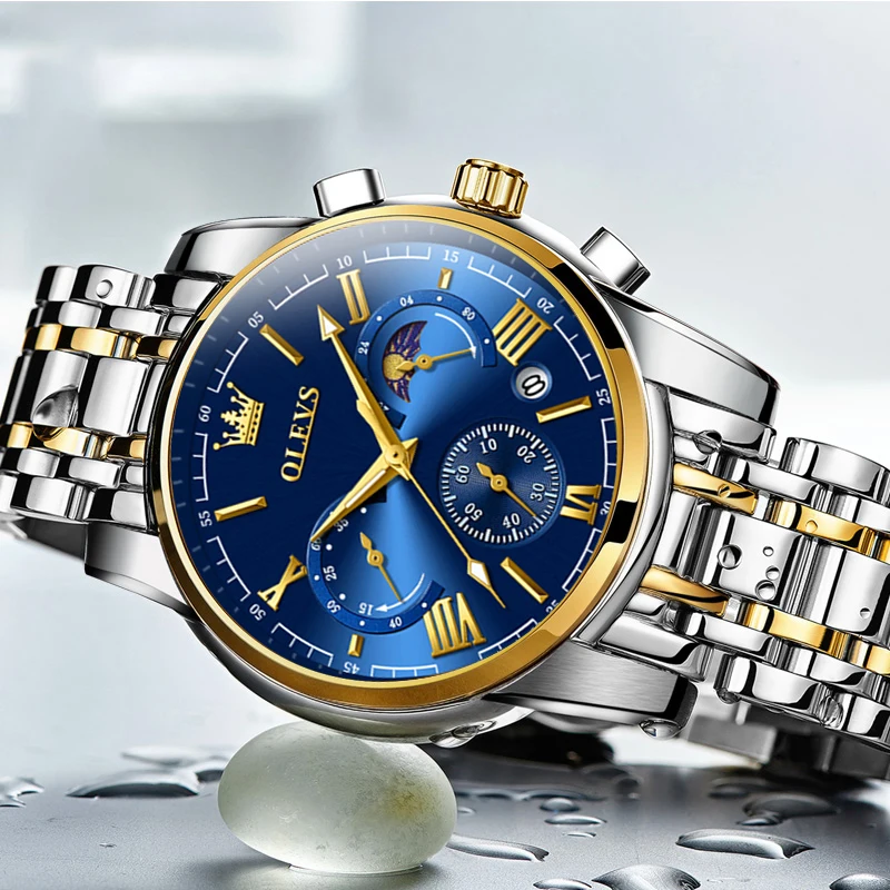 OLEVS Brand Original Mens Watches Calendar Moon Phase Chronograph Waterproof Quartz Wristwatch for Men Luxury Fashion Man Watch