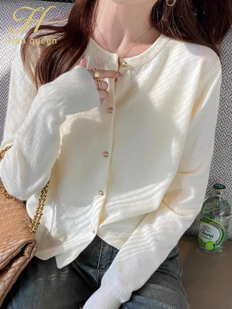 

H Han Queen Autumn Winter Korean Chic Single-Breasted Cardigans Sweaters Women Tops Coat Simple Basic Loose Long Sleeve Knitwear
