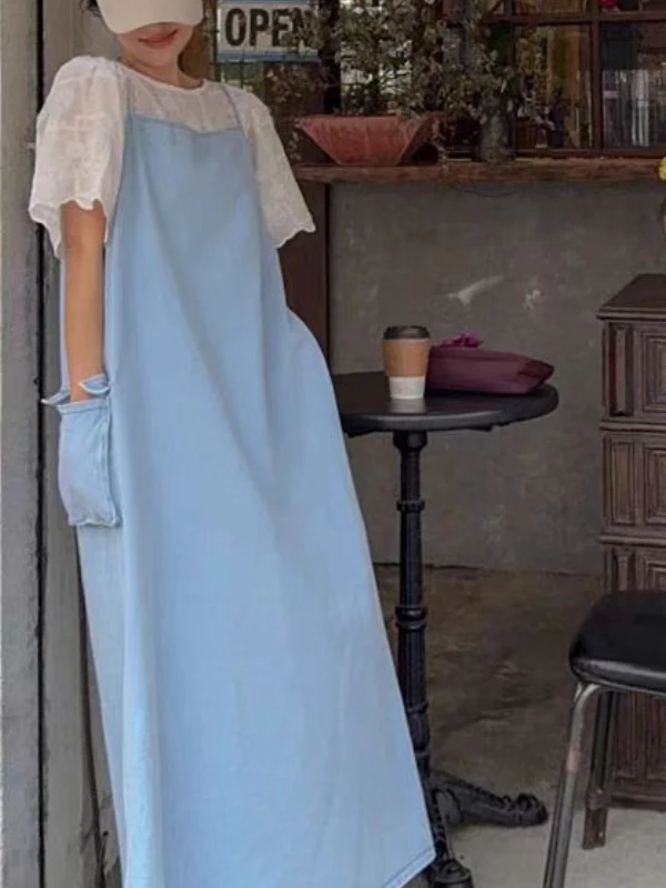 Chique oversized splice denim dr feminino verão commute sle svel redondo ne algodão longo dr na moda camadas