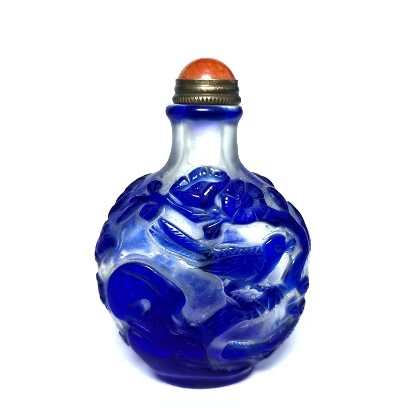 YIZHU CULTUER ART Size 2.8 inch Chinese Old Beijing Glaze Carving Flowers and Birds Statue Snuff Bottle Collection