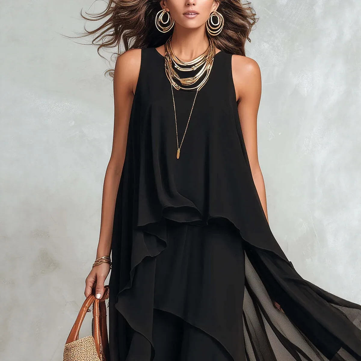 Summer Woman Dress Elegant Party Chiffon Sleeveless Dresses Women's Summer Ruffle Layered Maxi Dress Black Asymmetrical Hem Gown view 2