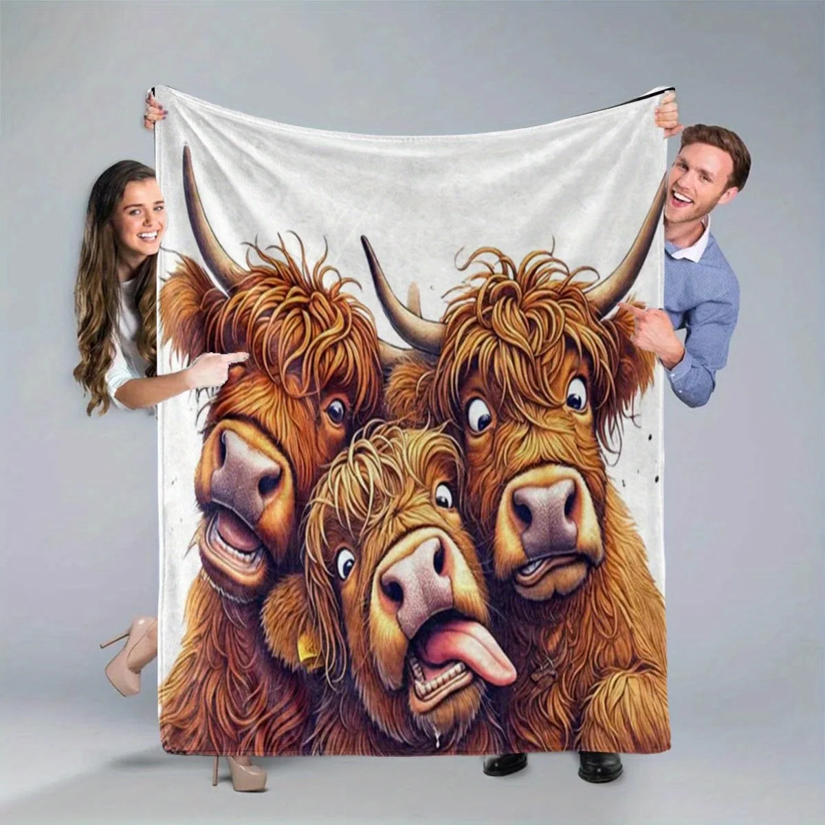 Cartoon Scottish Highland Cow Print Fleece Blanket, Soft Comfortable Flannel Throw, Perfect Gift for Birthdays and Friends