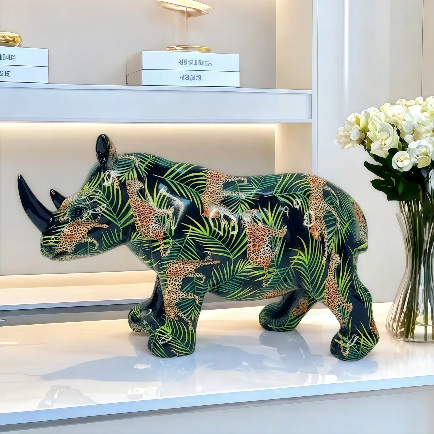 *qa Nordic Colorful Rhinoceros Statue Creative Resin Figurine Home Decor Living Room Office Desktop Gift#