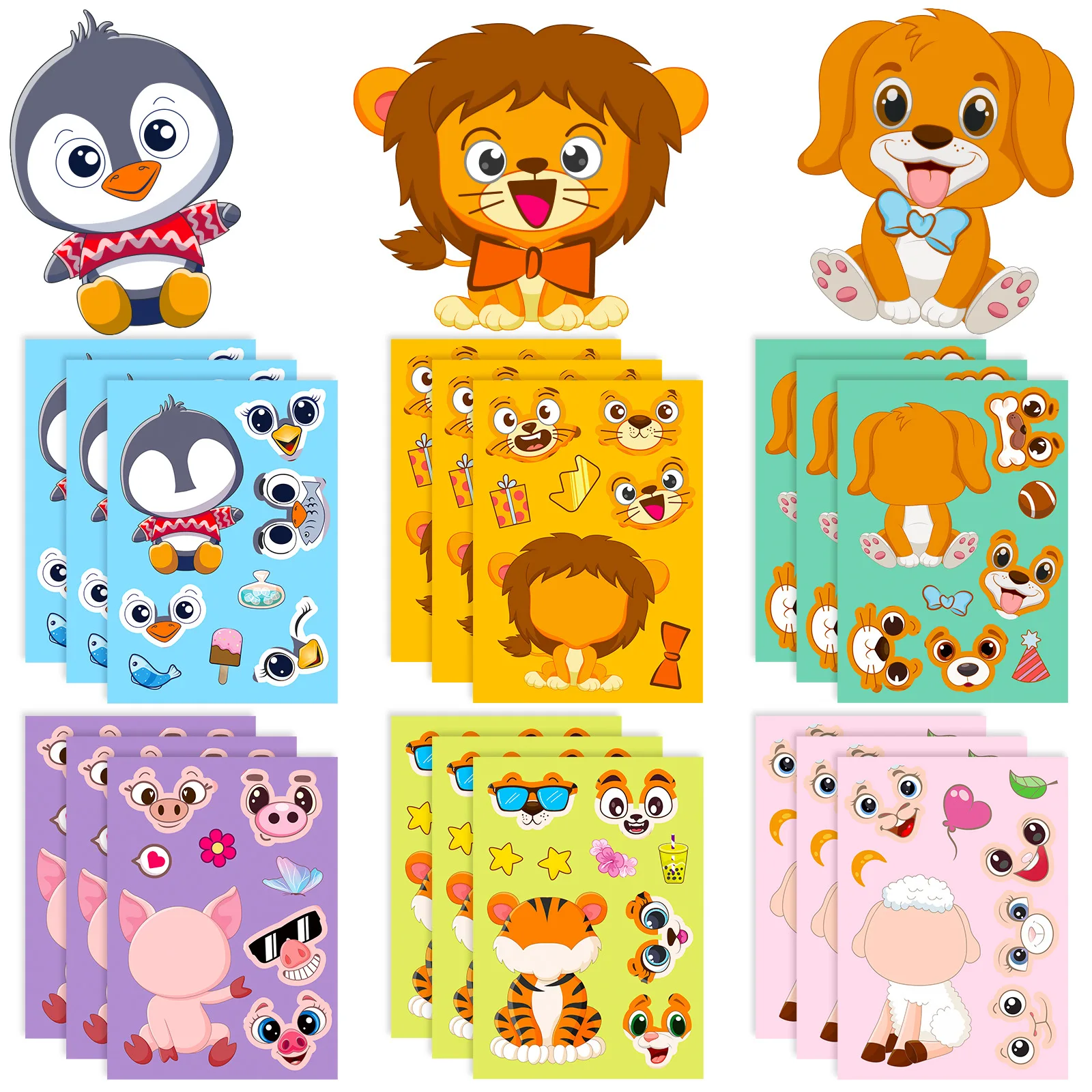 

6/12Sheets DIY Animal Puzzle Stickers Make-a-Face Tiger Lion Dog Pig Children Funny Cartoon Jigsaw Kids Educational Party Game