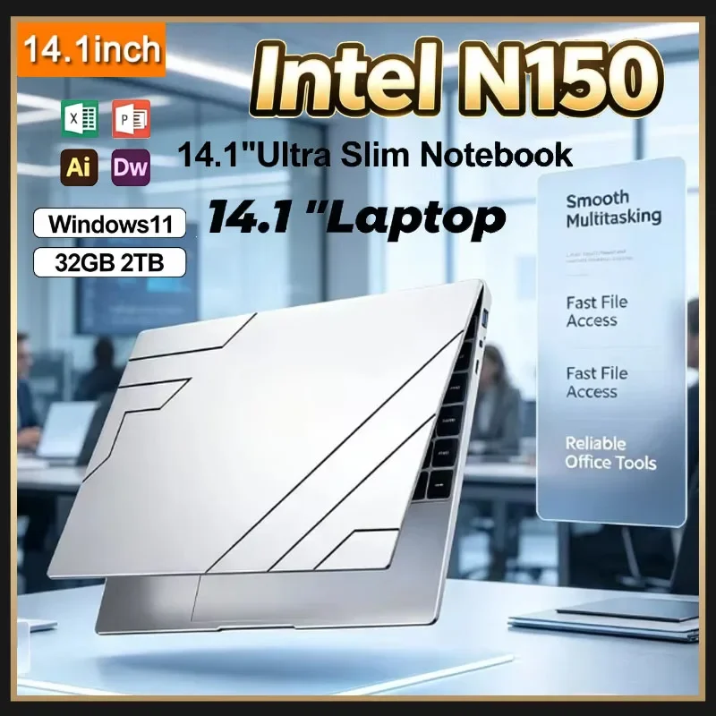 14.1 Inch Full HD IPS Laptop 120Hz Screen Intel Core N150 32GB RAM 2TB SSD Backlit Keyboard Long Battery Life Windows 11