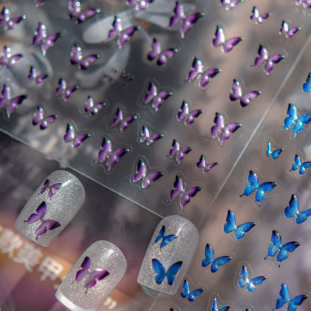 Vibrant Purple Holographic Butterfly 5D Nail Art Sticker Enchanting Metallic Wings Self Adhesive Decoration Manicure Decal DIY