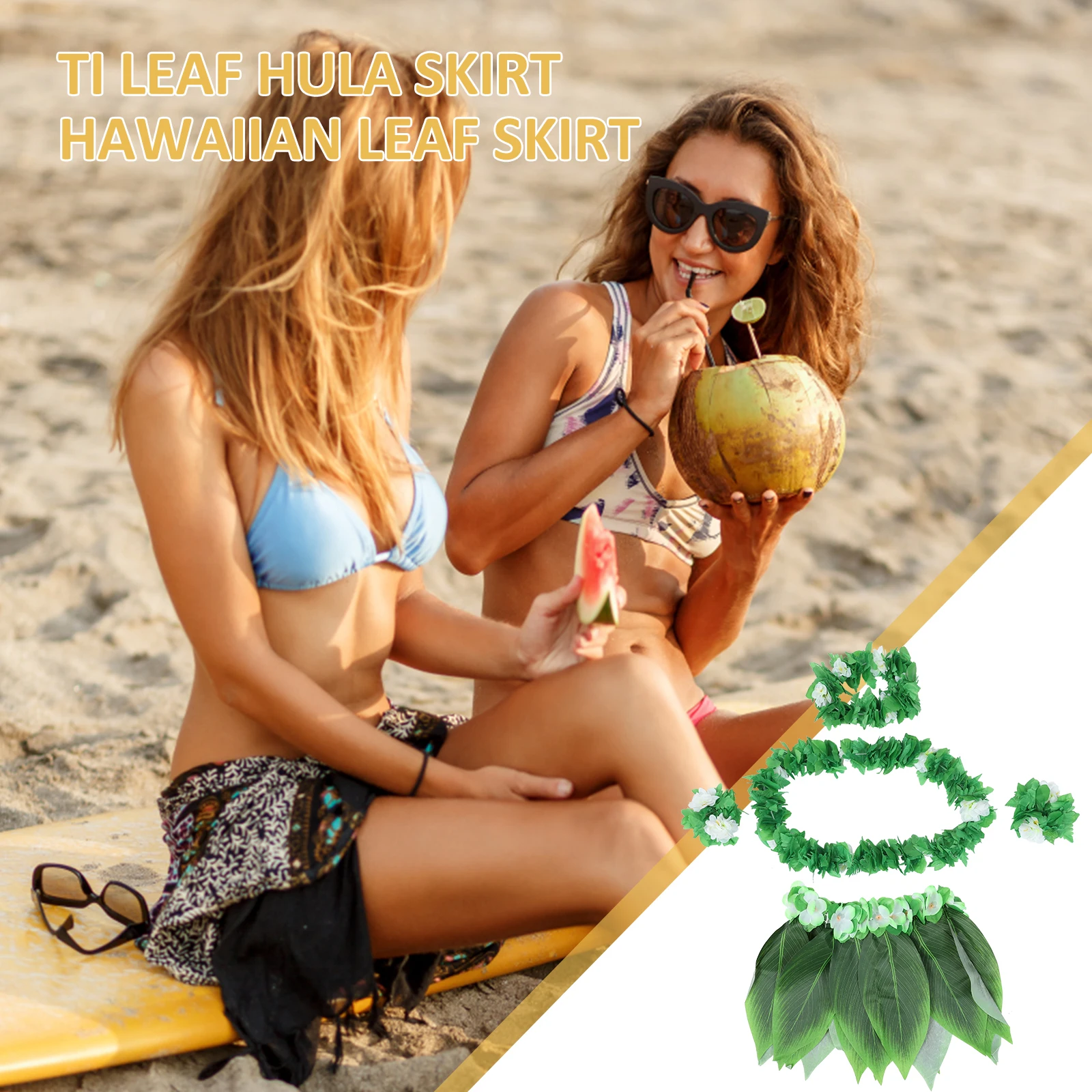 Ensemble jupe feuille hawaïenne, 5 pièces, Costume de fête Luau en herbe verte, taille 30 pouces, accessoires pour adultes, Bracelet, collier, bandeau