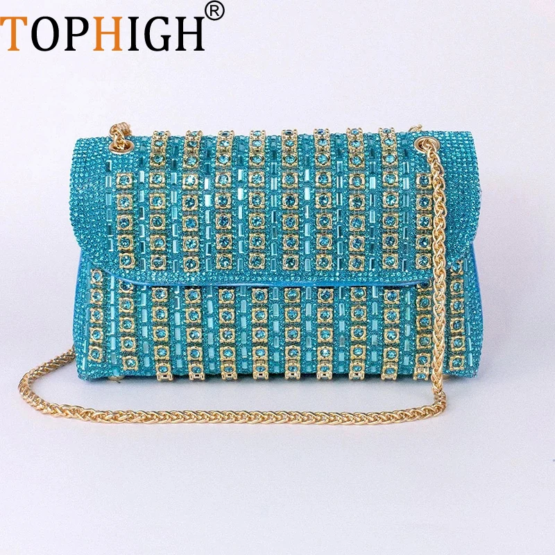 TOPHIGH Multi-color Square Tote Bag Fashion Glitter Bling Purse Shiny  Rhinestone Chain Decor Women Shoulder Evening Bag