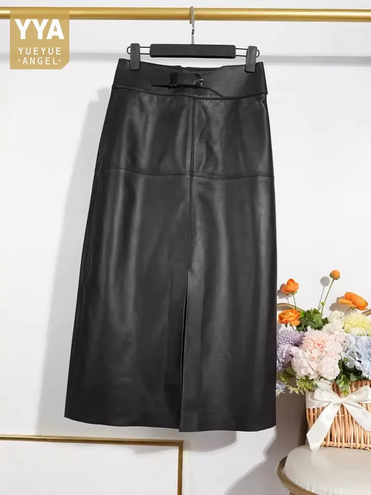 

Office Ladies Zipper High Waist Sheepskin Genuine Leather Skirt Solid Color Split Long Skirts Spring Autumn Women A-Line Skirts