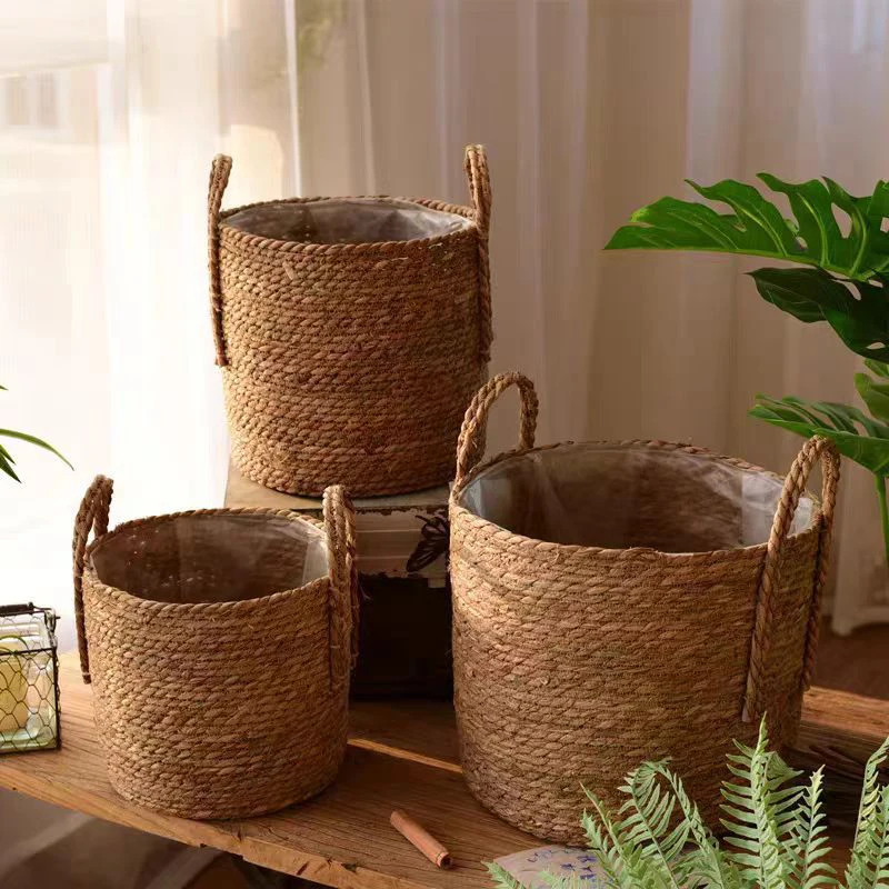 Woven Planter Basket Laundry Storage Decorative Basket Handmade Straw Rattan Plant Flower Pot Storage Basket Home Garden Decor