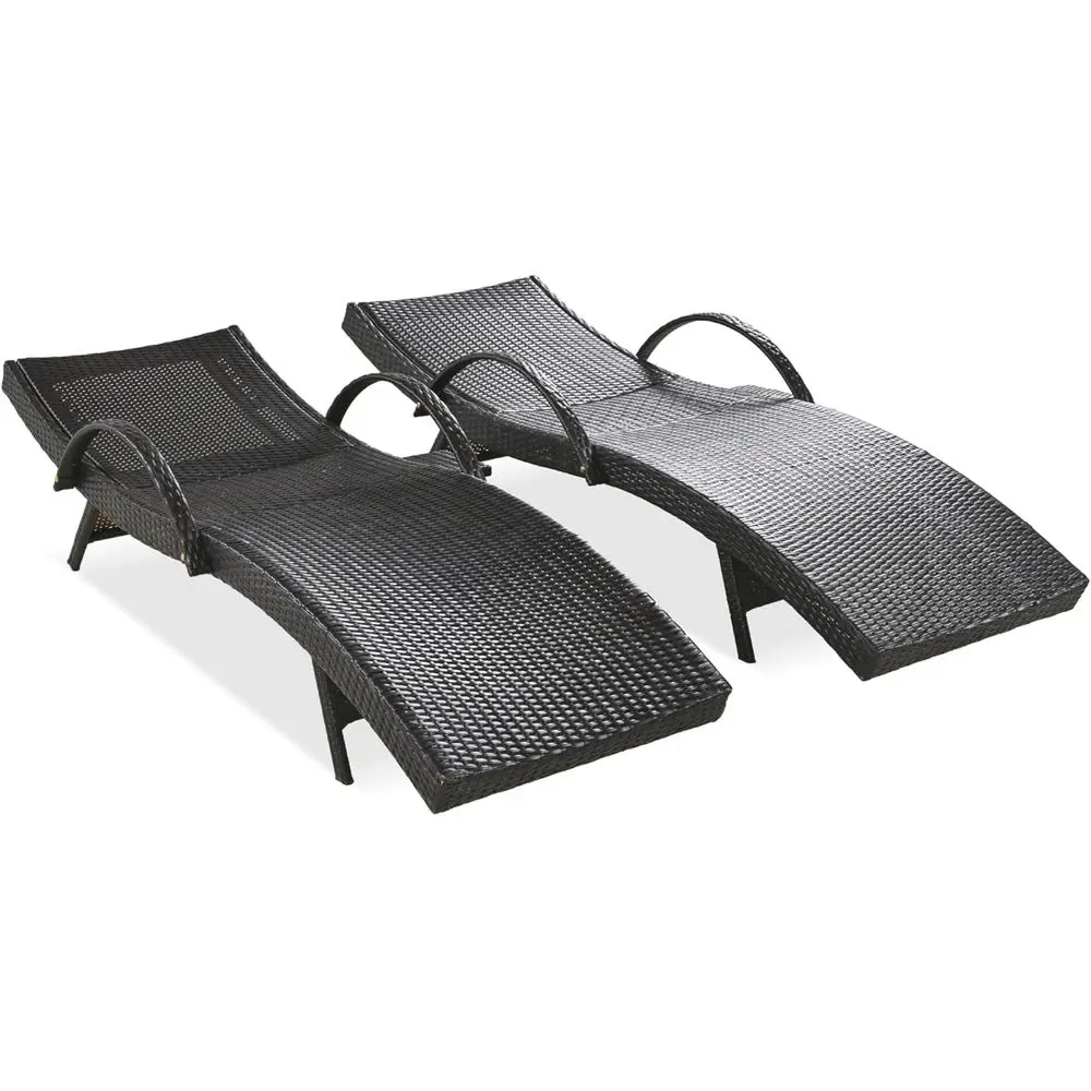 Set of 2 Wicker Outdoor Lounge Chairs with Reclining Backrest and Pull-Out Side Table, Pool Side Recliners, Brown
